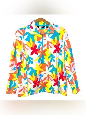 Lands' End Womens Sweatshirt Petite M 1/4 Zip Mock Neck Fleece Multicolor Floral